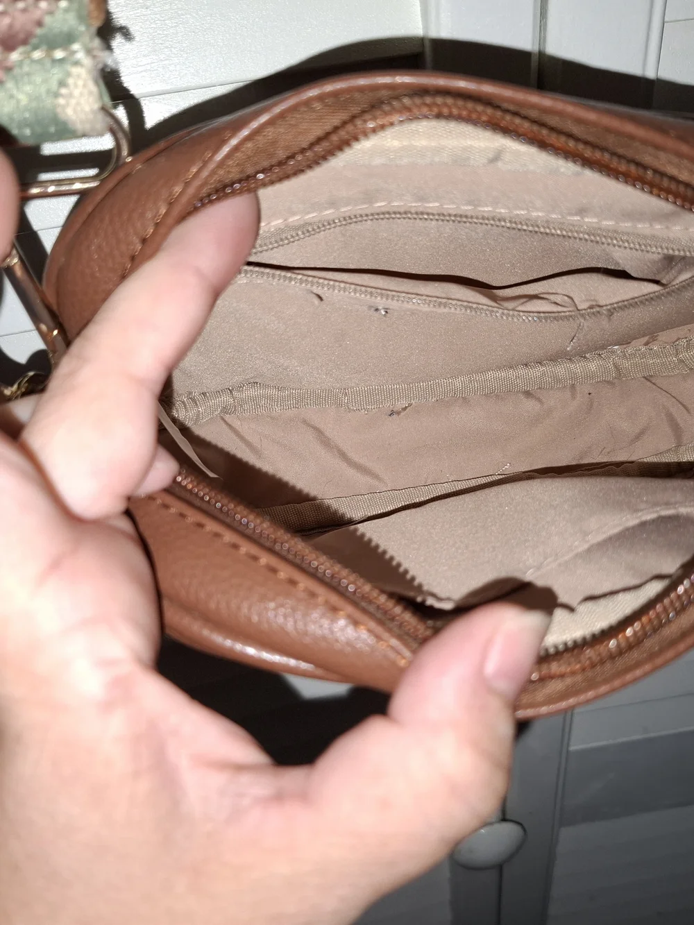 Brown Crossbody Camera Bag with Patterned Adjustable Strap